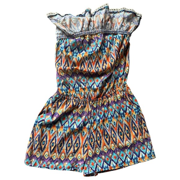 Boho Tube Top Romper Small Tribal Print Elastic Waist Ruffle Pom Trim Coachella - Picture 12 of 13